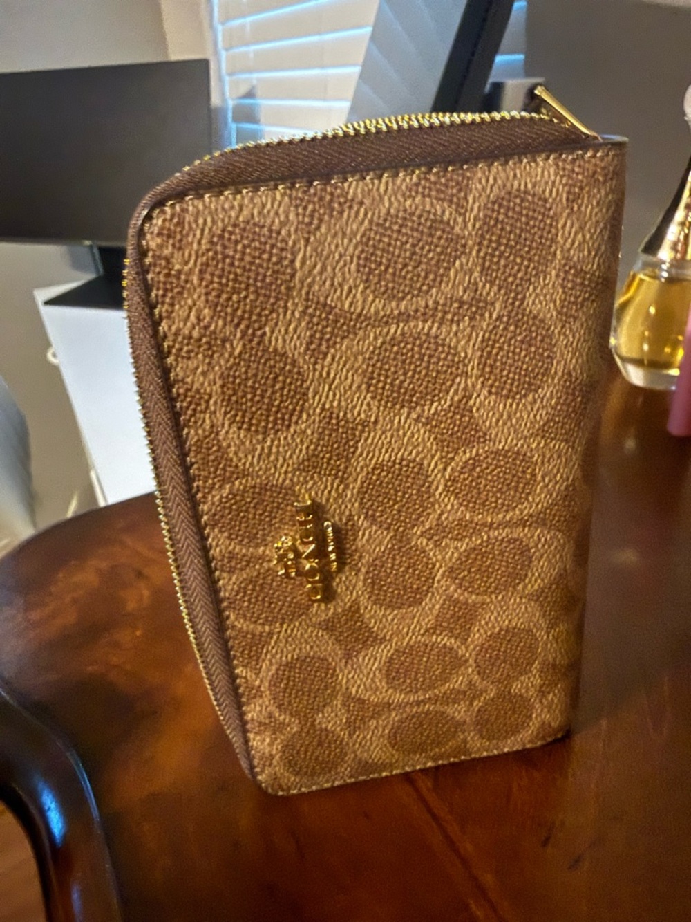 Coach Monogram Zip Wallet in Cognac Brown with Gold Hardware